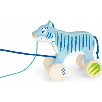 Obraz TYGR NA ŠŇŮRCE DŘEVĚNÁ HRAČKA K TAŽENÍ TYGŘÍK NA KOLEČKÁCH