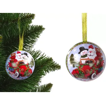 Vánoční dekorace LEANToys Vánoční kovová baňka Santa Claus se sněhulákem v autě
