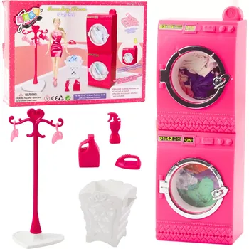 růžová prádelna pro panenky – pračka, sušička, věšák a koš