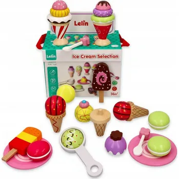 Dřevěná hračka DŘEVĚNÉ ZMRZLINY SADA 25 DÍLŮ HRAČKA DO KUCHYŇKY, ZMRZLINA NA ŠPEJLI, KOPČEKOVÁ ZMRZLINA
