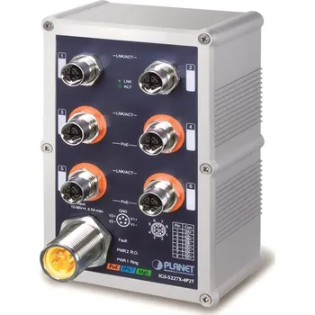 Počítač PLANET vodotěsný průmyslový L3 switch 4x 10/100/1000T M12, 4x PoE 802.3at 36/144W, -40~75°C, 12-56VDC, IP67, EN50155