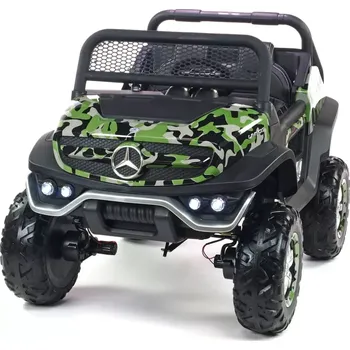 Dětské elektrovozidlo Dětský elektrický Mercedes Benz Unimog dvoumístný s Mp4 přehrávačem - maskáč polymer.potah