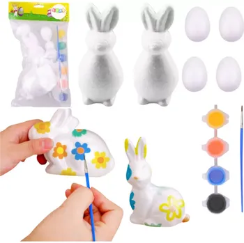 omalovánky Sada na malování polystyrenových ozdob 2 zajíci a 4 vajíčka s barvami