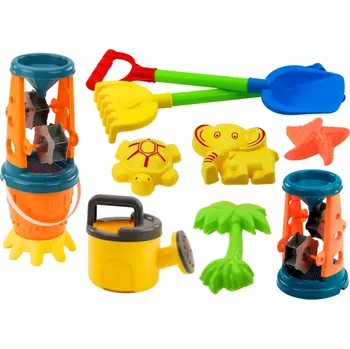 Hračka na písek Barevná sada na písek s mlýnkem, lopatkou, hráběmi, konevkou a formičkami – 10 dílů
