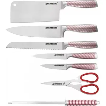 Kuchyňský nůž Herzberg 8dílná sada nožů z nerezové oceli s akrylovým stojánkem- Červená