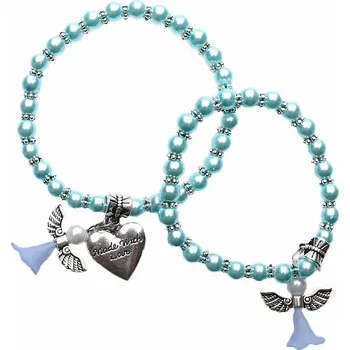 Drahý kámen Matka a dcera náramky z azurových perliček s andělíčky a srdcem obvod cca 14 cm a 17 cm