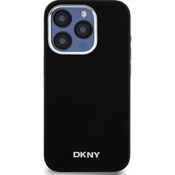 Pouzdro na mobilní telefon Zadní kryt DKNY Liquid Silicone Silver Metal Logo Magsafe pro Apple iPhone 15 Pro, černá
