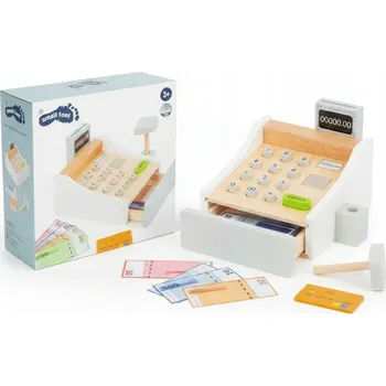 Hra na obchod DŘEVĚNÁ OBCHODNÍ POKLADNA SE SKENEREM, TERMINÁLEM A BANKOVKAMI HRAČKA 3+