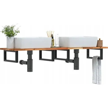 Koupelnový nábytek Nástěnná police pod umyvadlo, ocel a masivní akáciové dřevo