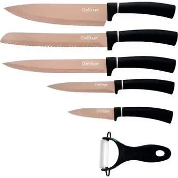 Kuchyňský nůž Cheffinger Sada 6 kusů nožů potažených mramorem – kolekce Titanium Gold + Černá