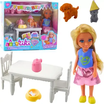 Panenka Narozeninový set s panenkou, pejskem a koťátkem – stůl a doplňky pro oslavu