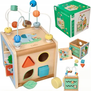 Obraz CENTRUM AKTIVIT DŘEVĚNÁ KOSTKA S MOTORICKOU SMYČKOU 5V1 PRO DĚTI 12M+