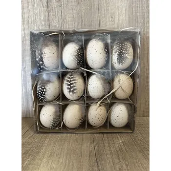 Velikonoční dekorace Vajíčka hnědé s pírkem 12 ks