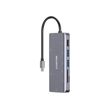 CANYON replikátor portů DS-11 9v1, 1xUSB-C PD 100W, 1xHDMI (4K), 3xUSB-A, RJ45 Gb, 3.5mm jack, SD/micro SD čtečka