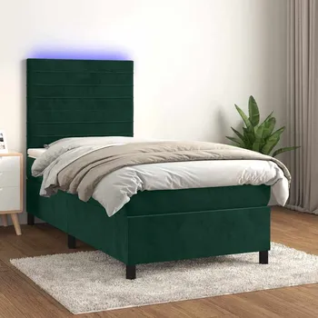 Postel vidaXL Box spring postel s matrací a LED 90x190 cm samet [3136158] Barva: Tmavě zelená