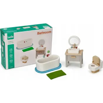 Doplněk pro panenku SADA DŘEVĚNÉHO NÁBYTKU DO DOMEČKU PRO PANENKY KOUPELNA MEEBLE DŘEVĚNÝ