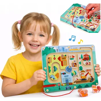 Dřevěná hračka LABIRYNT MAGNETYCZNY DREWNIANY POJAZDY VZDĚLÁVACÍ SKLÁDAČKA HRAČKA 18M+