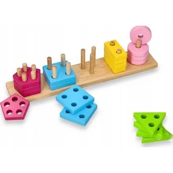 Dřevěná hračka DŘEVĚNÁ PYRAMIDA TŘÍDIČ 5 VĚŽÍ GEOMETRICKÉ TVARY VZDĚLÁVACÍ 2+