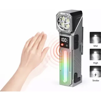 Nakida T-130 multifunkční LED svítilna, čelovka, 4x LED, USB-C, šedá (LED svítilna | pracovní světlo | čelovka na běhání | světlo na kolo | svítilna s magnetem | nabíjecí baterka | USB-C svítilna | svítilna s pohybovým senzorem | RGB osvětlení | Nakida)