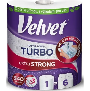 Papírový ubrousek Velvet Turbo papírové kuchyňské utěrky 3 vrstvé 340 útržků 75,82 m 1 role