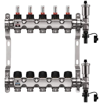 rozdělovač topení WIGELL Nerezový rozdělovač 5 okruhů, pro podlahového topení s hlavicemi a průtokoměry