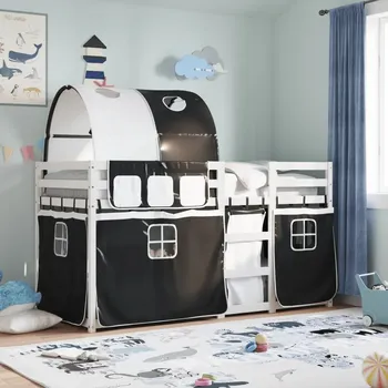 Postel Patrová postel se závěsy, bílo-černá, 80x200 cm, borovice