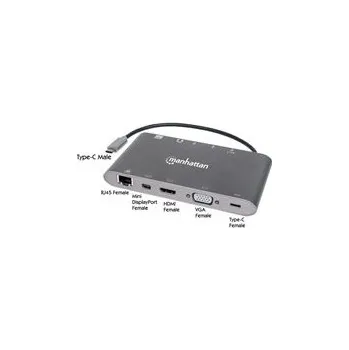 MANHATTAN Dokovací stanice USB-C na HDMI, Mini DP, VGA, 3xUSB 3.0, USB-C PD port, RJ 45, Card Reader, 3,5 mm