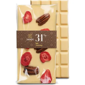 Čokoláda Bílá čokoláda s pekanovými ořechy a lyofilizovanými jahodami