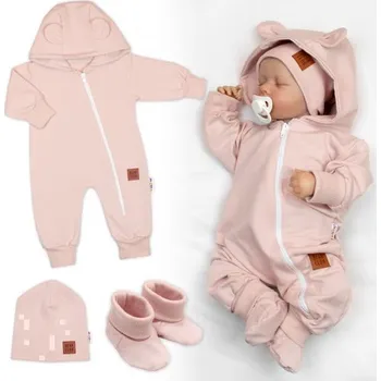 Kojenecký overall Baby Nellys Rostoucí teplákový overal, čepice, botky, 3D, Nature - růžová Baby Nellys Vel. 68/74