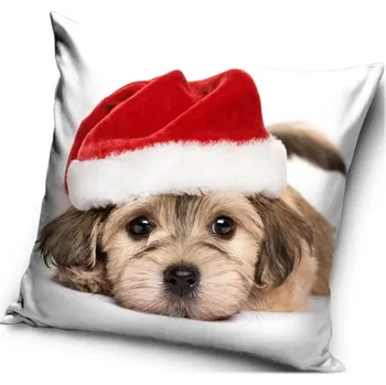 Carbotex • Vánoční polštář - motiv Štěně s červenou čepičkou - 40 x 40 cm