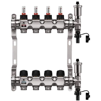 rozdělovač topení WIGELL Nerezový rozdělovač 4 okruhy, pro podlahového topení s hlavicemi a průtokoměry