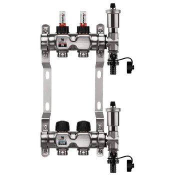rozdělovač topení WIGELL Nerezový rozdělovač 2 okruhy, pro podlahového topení s hlavicemi a průtokoměry