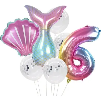 Balónek Sada 7 balónků s konfetami mořská panna, číslo 6, latex a fólie, různé velikosti (25 cm - 81 cm)