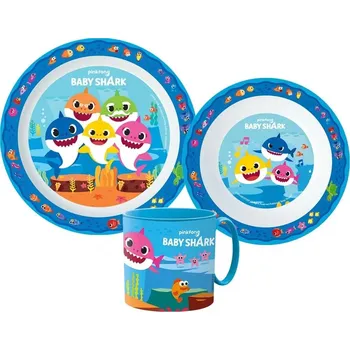 dětská jídelní sada Stor • Sada plastového nádobí Baby Shark s hrnkem - 3 dílná souprava