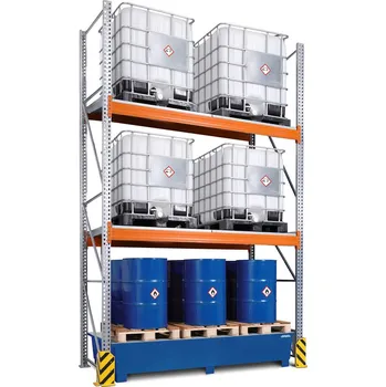 Dílenský regál Paletový regál na nebezpečné látky, základní pole, 3 úrovně, záchytná vana, 2900x1300x4400 mm