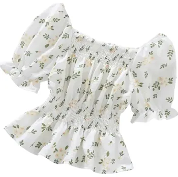 Dámská květinová halenka s holými rameny Krátký rukáv Řasený střih s gumou v pase Letní elegantní halenka zelená S