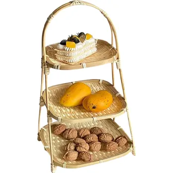 Multifunkční bambusový tkaný košík 45 cm Třípatrový čtvercový úložný koš na potraviny ovoce pečivo do kuchyně