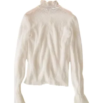 Dámská halenka Dámská poloprůhledná krajková halenka Univerzální velikost Rolák Výstřih do O Dlouhý rukáv Řasení Tečkovaný vzor bílá