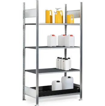 Dílenský regál Regál na malé nádoby, základní pole, 3 PE mřížové rošty, PE záchytná vana, 1060 x 637 x 2000 mm