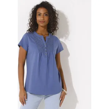 Dámské tričko Tričko s krátkými rukávy a výstřihem na knoflíčky lemovaným madeirou modrá džínová 54