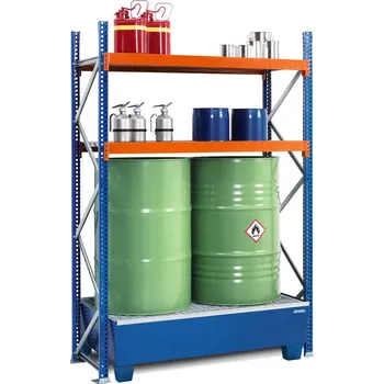 Dílenský regál Regál na sudy a malé nádoby, základní pole, 2 rošty, lakovaná záchytná vana, 1364 x 816 x 2000 mm