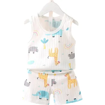 Dětská unisex souprava tílko a kraťasy na gumu s kapsami bílá barva kreslená zvířátka O výstřih 3
