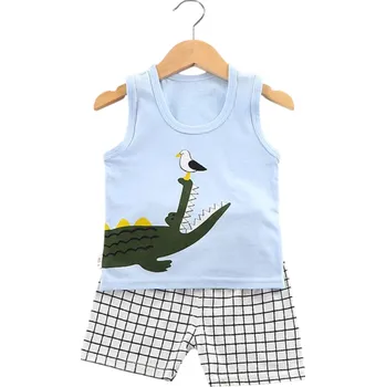 Dětská unisex souprava modré tílko s krokodýlem a šedé kostkované kraťasy O výstřih bavlněný letní komplet 2