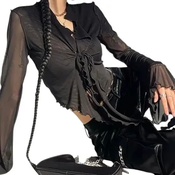 Dámská halenka Dámská poloprůhledná halenka Univerzální velikost Výstřih do V Dlouhý rukáv Řasení Zavazování na hrudi Elegantní černá