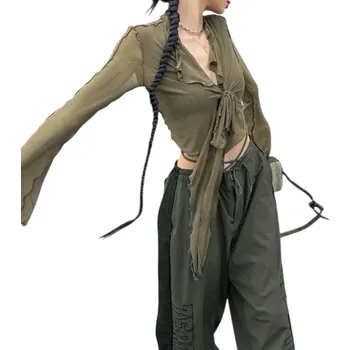 Dámská poloprůhledná halenka Univerzální velikost Výstřih do V Dlouhý rukáv Řasení Zavazování na hrudi Elegantní zelená