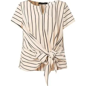 Dámská halenka Dámská pruhovaná halenka s výstřihem do V Mašle na stažení pasu Elegantní lehká halenka pro každodenní nošení béžova XL