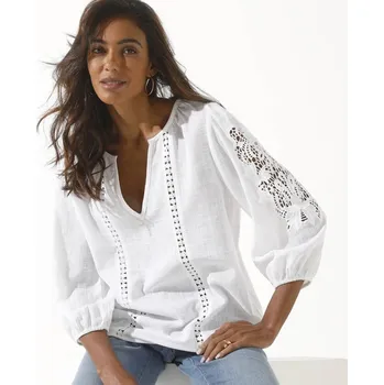 Dámská halenka Jednobarevná halenka s macramé a ažurovou výšivkou bílá 44