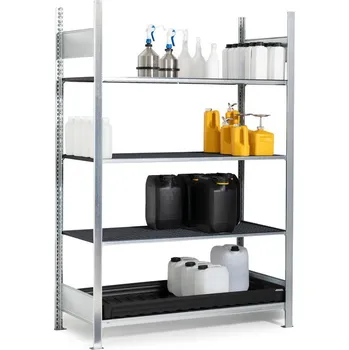 Dílenský regál Regál na malé nádoby, základní pole, 3 PE mřížové rošty, PE záchytná vana, 1360 x 637 x 2000 mm