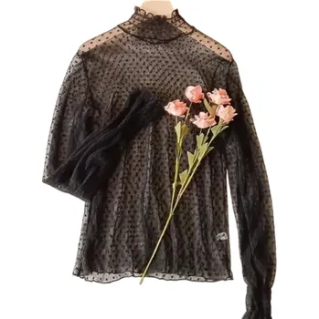 Dámská halenka Dámská poloprůhledná krajková halenka Univerzální velikost Rolák Výstřih do O Dlouhý rukáv Řasení Tečkovaný vzor černá