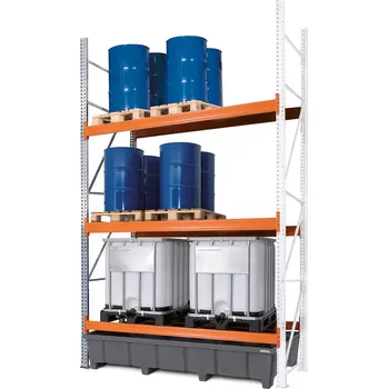 Dílenský regál Paletový regál na nebezpečné látky, nástavné pole, 3 úrovně, PE záchytná vana, 2800x1315x4400 mm